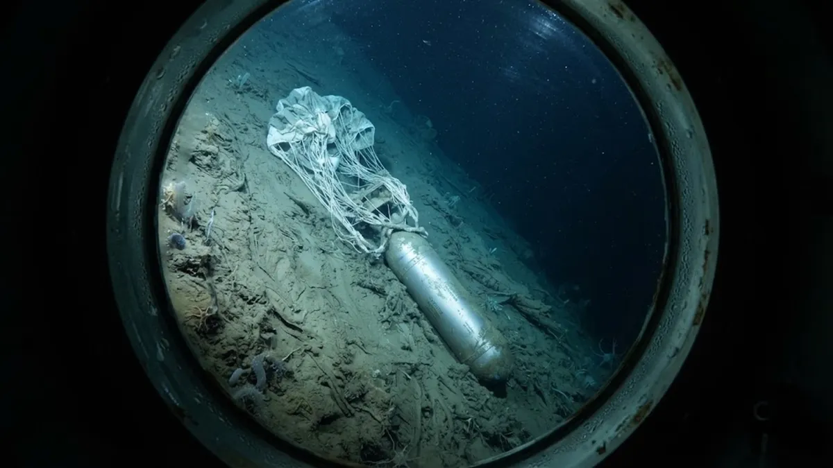 View Through Alvin Submersible Porthole of Parachute Draped Hydrogen Bomb on Deep Seabed