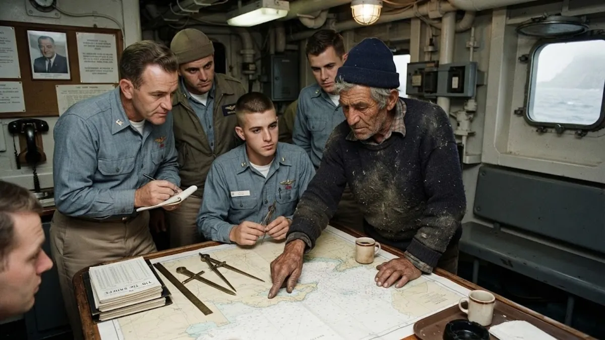 Spanish Fisherman Paco the Sailor Pointing at Nautical Chart with US Navy Officers