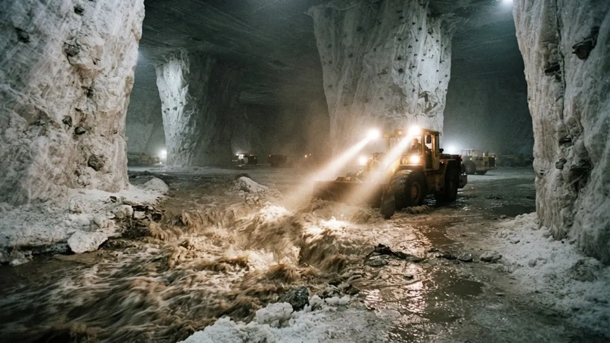Underground Salt Mine Tunnel With Flood Water Rushing Across White Salt Floor
