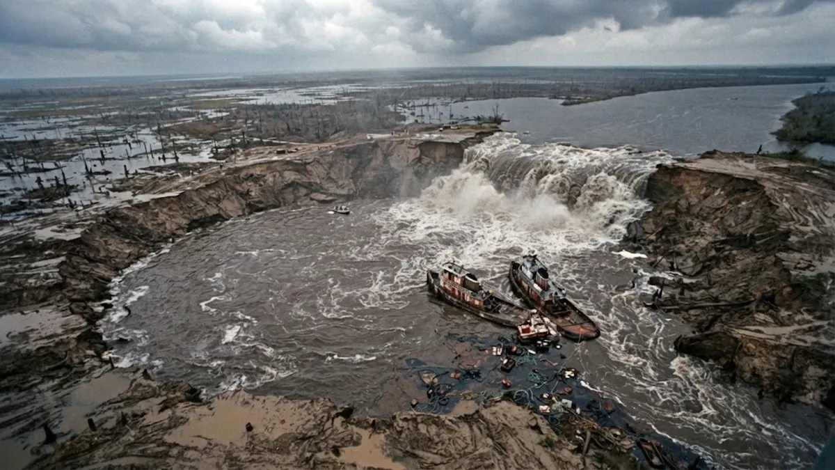 Aerial View of Lake Peigneur Crater and Temporary Waterfall From Gulf of Mexico Canal