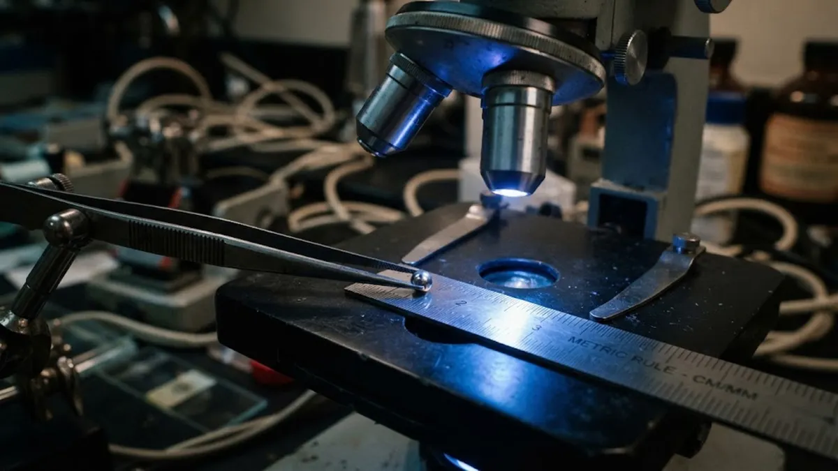 Platinum Iridium Ricin Pellet Under Laboratory Microscope with Metric Ruler