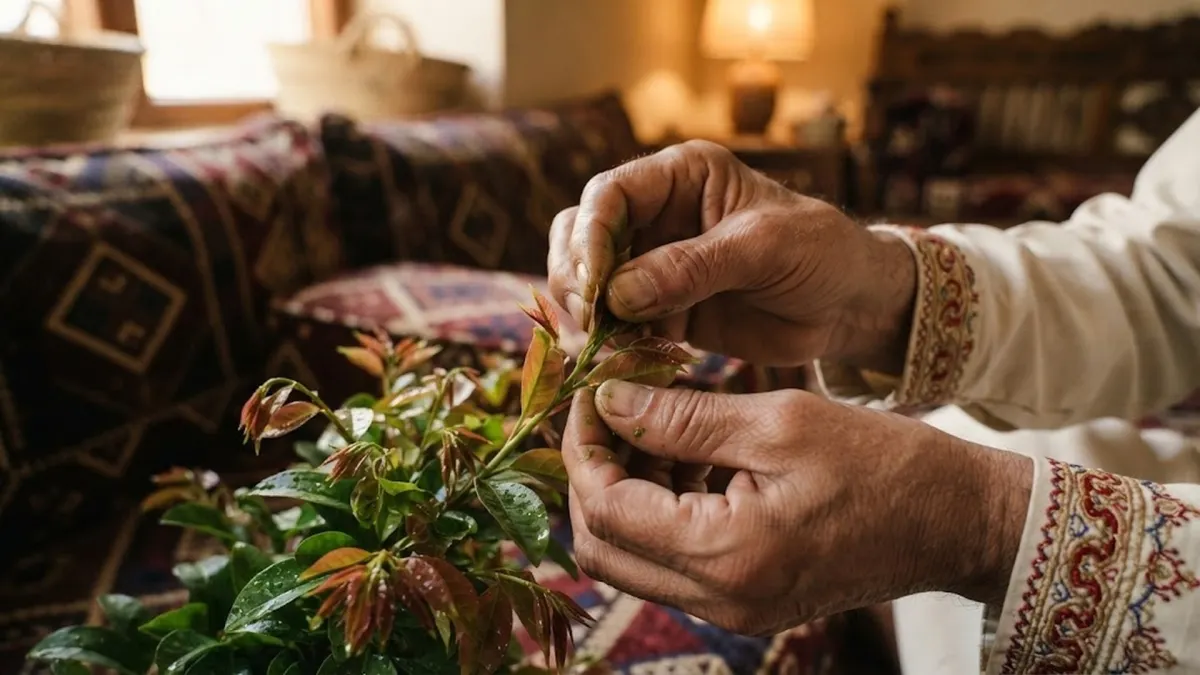 Elder Hands Carefully Plucking Tender Qat Leaf Shoots for the Daily Chew