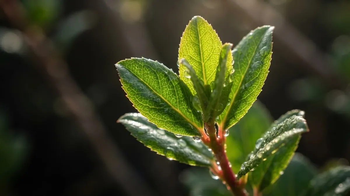 Macro View of Fresh Young Catha Edulis Qat Leaves with Morning Dew