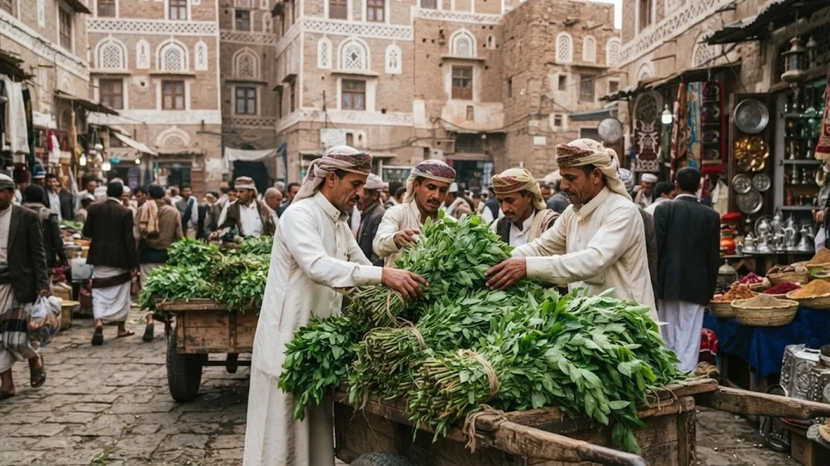 Morning Souk Vendors Unloading Fresh Mountain Qat Harvests in Old Sanaa