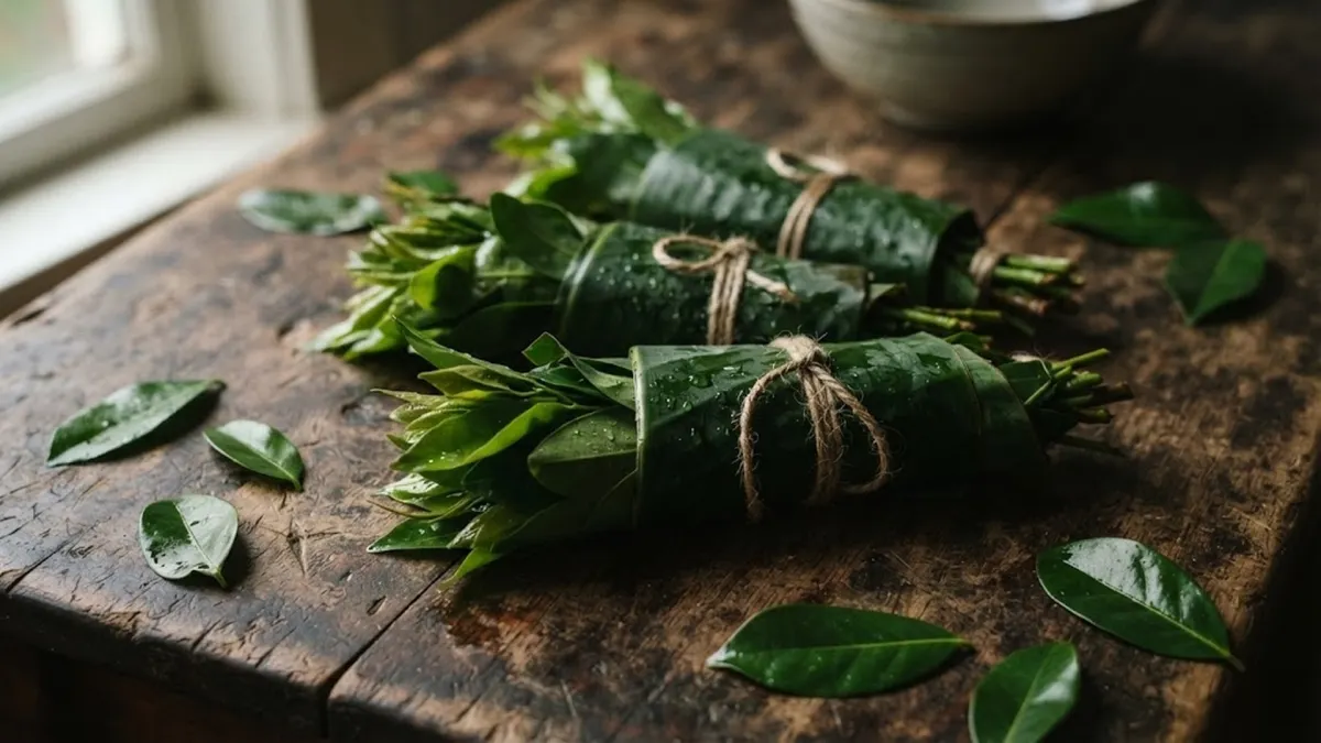 Hand-Tied Bundles of Qat Wrapped in Banana Leaves and Twine to Lock in Moisture
