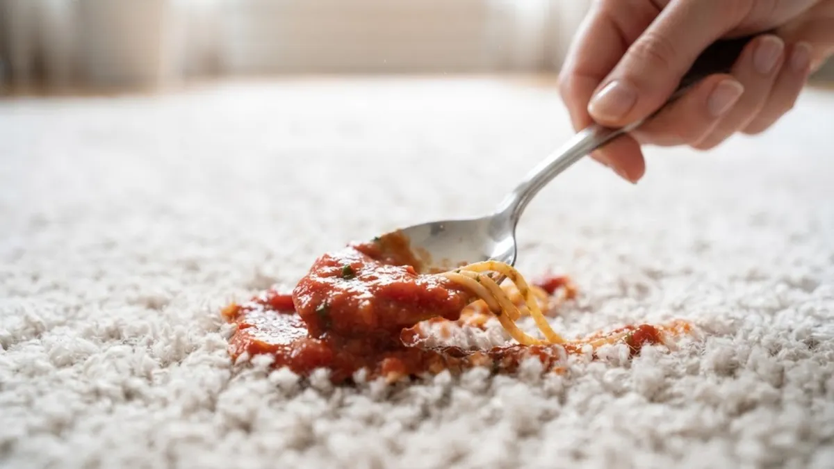 Scraping tomato sauce with a metal spoon
