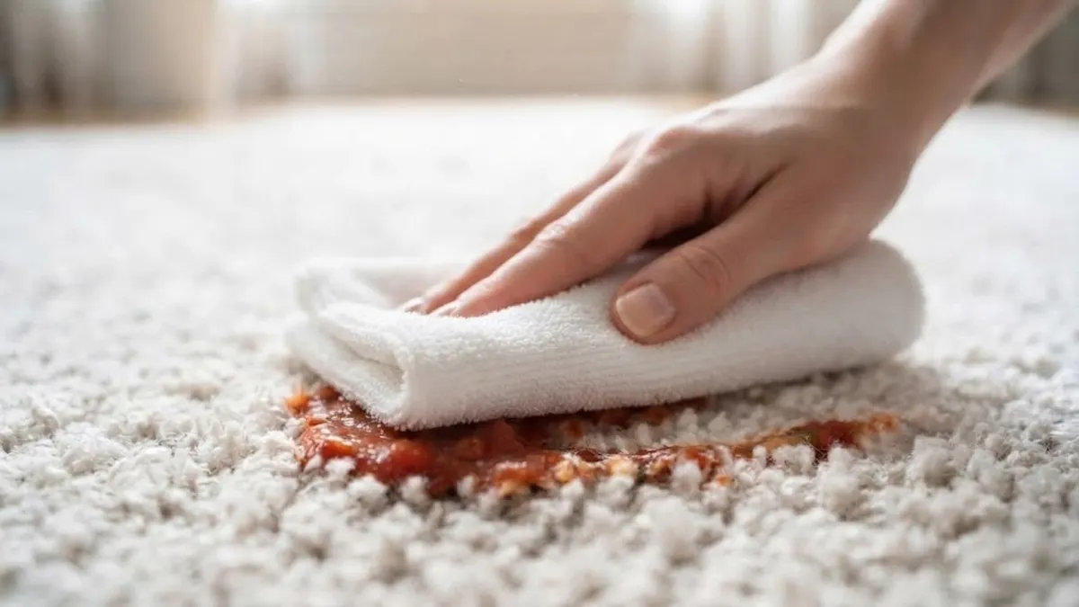Blotting carpet stain with white microfiber cloth