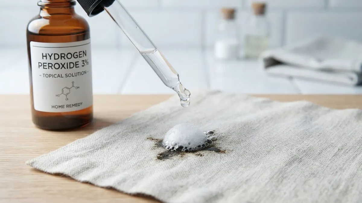 Treating dried stain with 3 percent hydrogen peroxide dropper