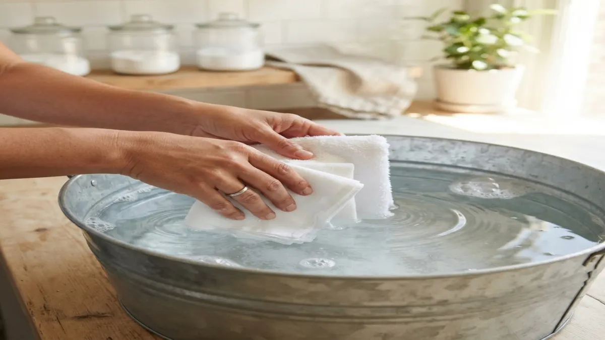 Soaking white clothes in warm mineral basin