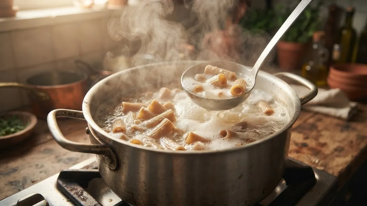 Ladle scooping cloudy boiling starchy pasta water