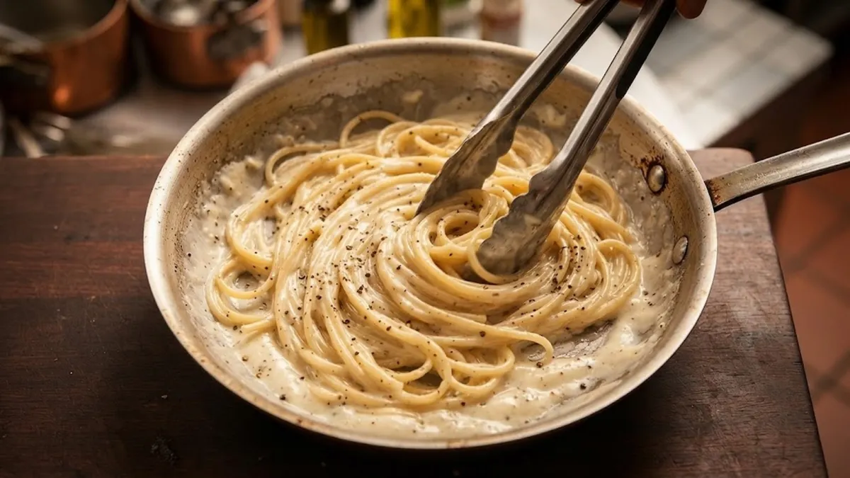 Creamy cacio e pepe sauce emulsifying with pasta