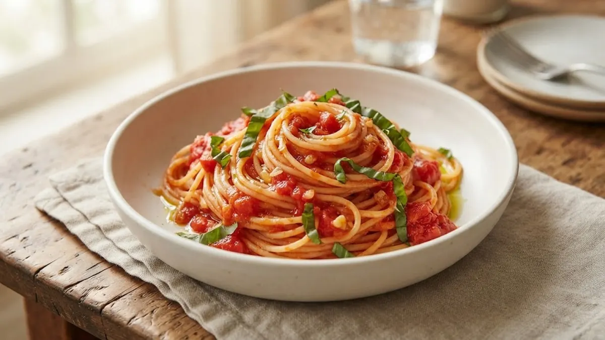 Plated spaghetti pomodoro with fresh basil