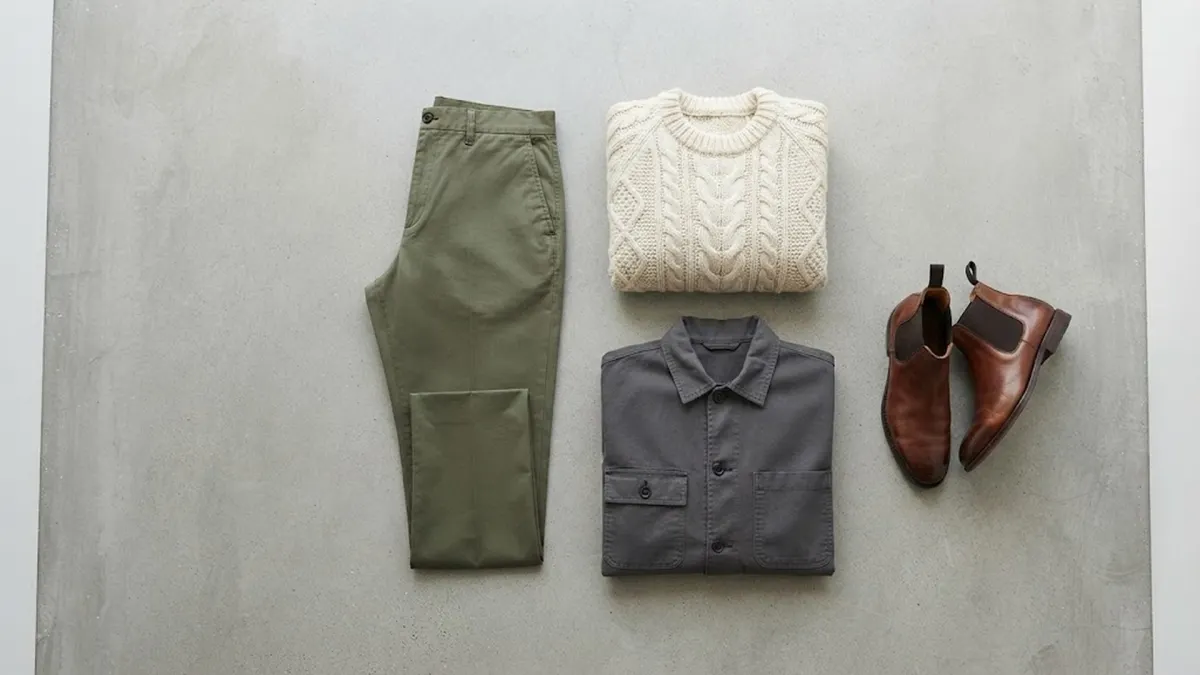 Neutral wardrobe staples paired with olive trousers