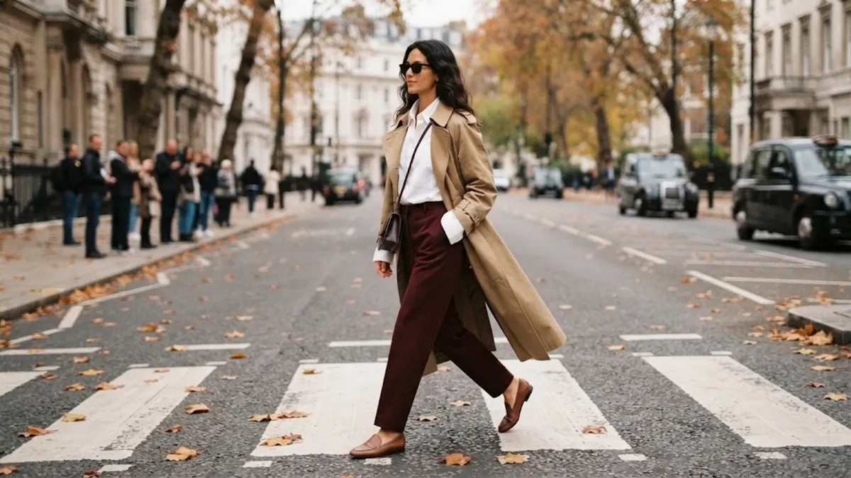 Burgundy trousers styled with classic tan trench coat