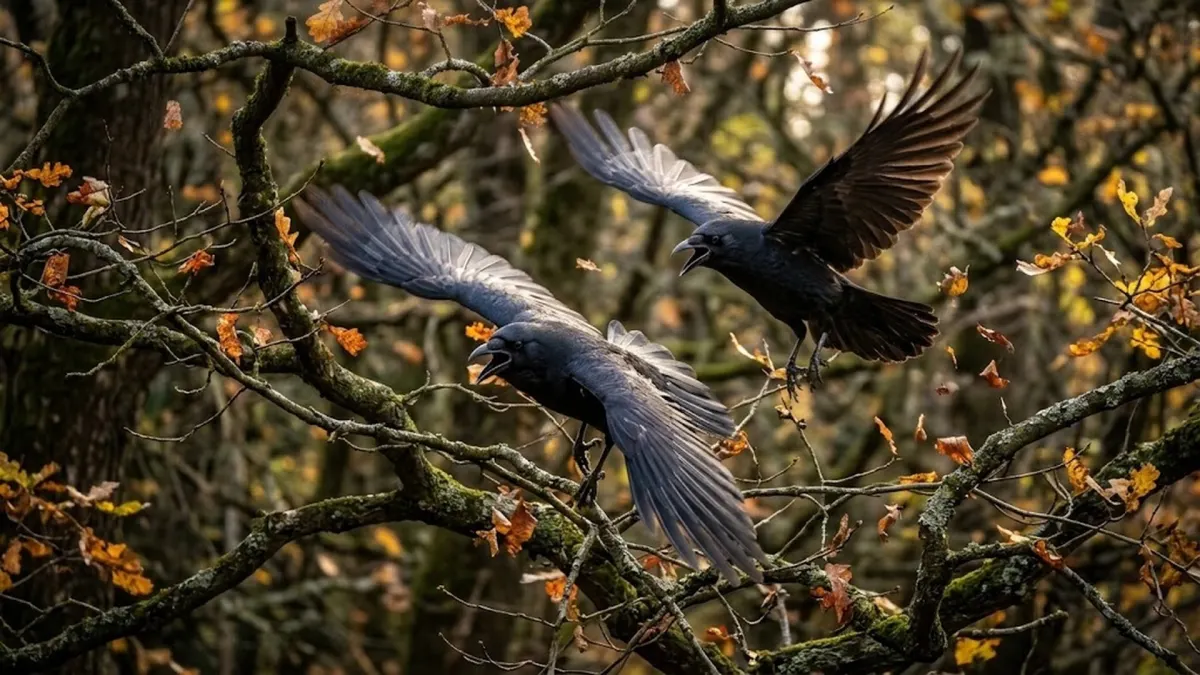 Wild crows swooping through trees in flight