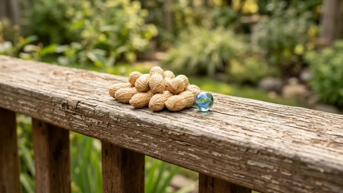 Peanuts and shiny glass token left on wooden railing