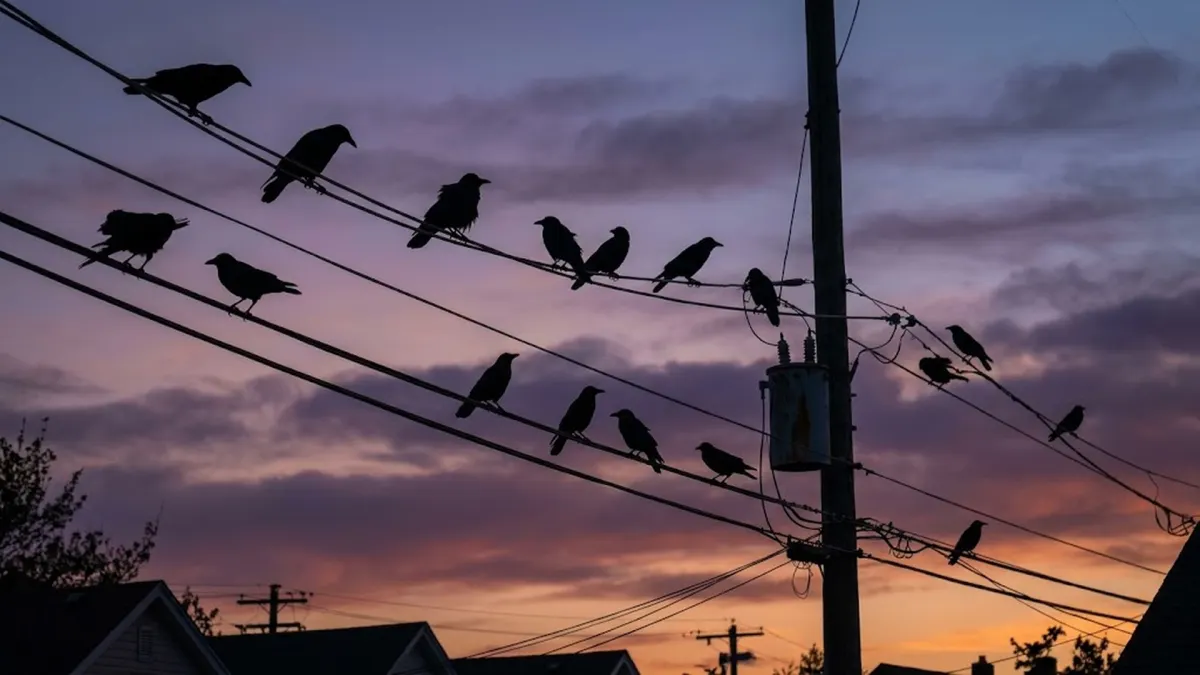 Flock of crows silhouetted on telephone wires at dusk