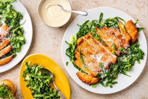 Crispy Chicken Schnitzel Gets a Fresh Twist With Zesty Citrus Greens and Almond Aïoli